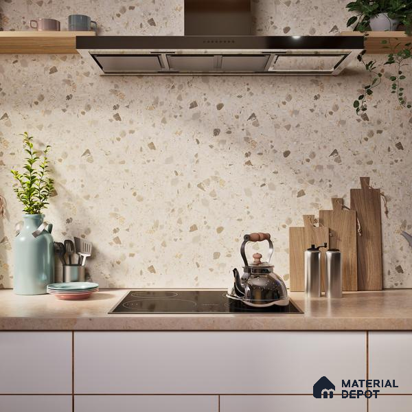 Terrazzo Floor & Wall Tile TL 06404 D Terazzo Beige 4 ft x 2 ft Carving Matte Finish Vitrified Tile - 9 mm | Suitable for Living Room, Bedroom & Bathroom