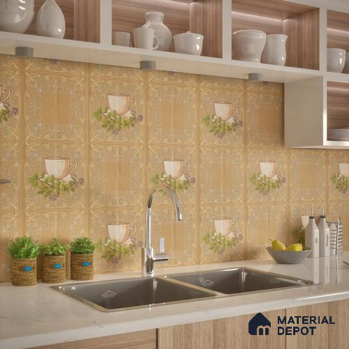 Kitchen Wall Tile TL 00210 B Highlighter 1 Tea Cup & Saucer 1 ft x 1 ft Matte Finish Ceramic Tile - 9 mm | Suitable For Kitchen Backsplash | Please Expect a Slight Variation of Pattern