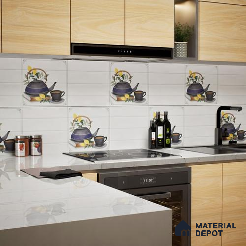 Kitchen Wall Tile TL 00209 B Highlighter 1 Kettle Tea Cup 1 ft x 1 ft Matte Finish Ceramic Tile - 9 mm | Suitable For Kitchen Backsplash | Please Expect a Slight Variation of Pattern