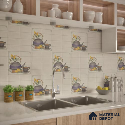 Kitchen Wall Tile TL 00209 A Light White 1 ft x 1 ft Matte Finish Ceramic Tile - 9 mm | Suitable For Kitchen Backsplash | Please Expect a Slight Variation of Pattern