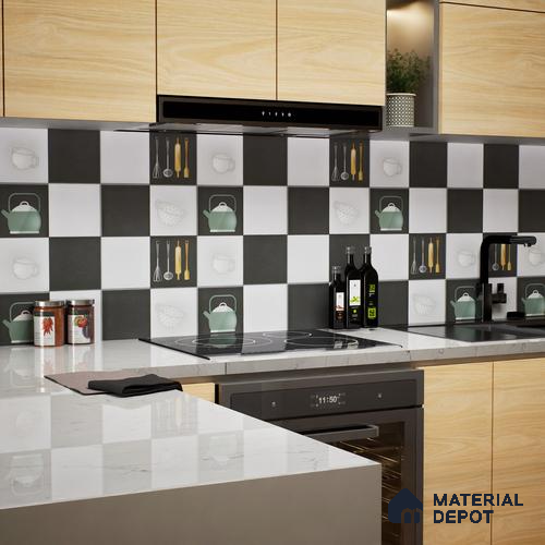 Kitchen Wall Tile TL 00211 B Highlighter 1 Kettle Tea Cup 1 ft x 1 ft Matte Finish Ceramic Tile - 9 mm | Suitable For Kitchen Backsplash | Please Expect a Slight Variation of Pattern