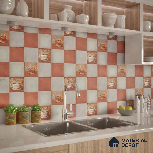 Kitchen Wall Tile TL 00212 B Highlighter 1 Cup & Saucer 1 ft x 1 ft Matte Finish Ceramic Tile - 9 mm | Suitable For Kitchen Backsplash | Please Expect a Slight Variation of Pattern