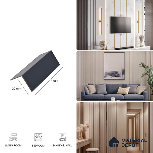 SS 304 L Profile Polish Black Glossy Finish Edgeline PM 00290 M | 10 ft (2.96 mtr) x 20 mm x 0.8 mm | Suitable for Corner Applications | Adhesive Type Installation | Suitable for Floor & Walls
