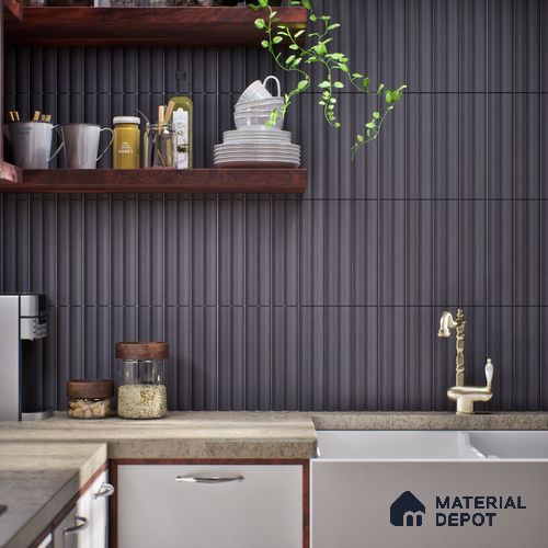 Subway Fluted Wall Tile TL 04963 F Brillo Obsidian Gleam 12 x 3 inch Ceramic Matte Finish - 6.5 mm | Suitable for Highlighter Walls, Foyer, Bathroom, Kitchen Wall & Backsplashes