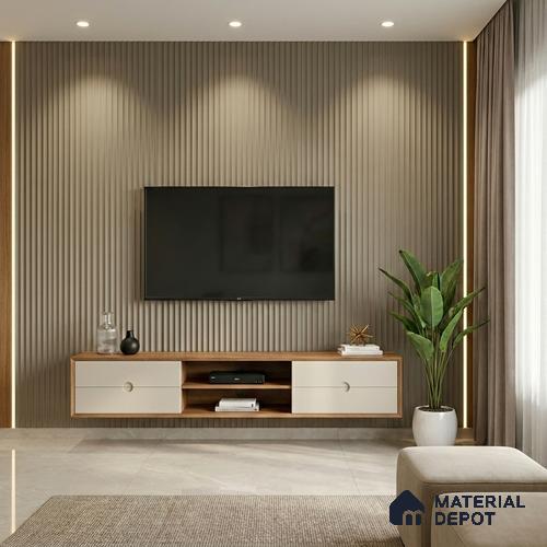 Taupe Beige Fluted Solid Color Look LM 01356 Beige 8 ft x 4 ft Texture Finish Decorative Laminate - 1 mm  | Suitable for TV Unit, Wardrobe, Kitchen Cabinets