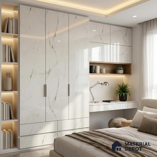 Marble Look LM 01708 Irish Carrara 8 ft x 4 ft High Gloss Finish Decorative Laminate - 1 mm | Suitable for TV Unit, Wardrobe, Kitchen Cabinets