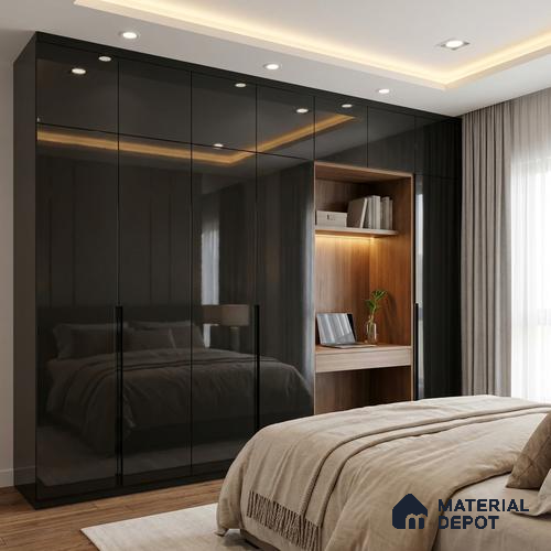 Solid Colors Look LM 01722 Jet Black 8 ft x 4 ft High Gloss Finish Decorative Laminate - 1 mm | Suitable for Living Room, Kitchen, Office