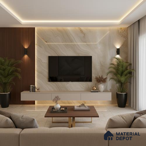 Ivory Marble Look LM 02798 Volcano Ivory Marble 8 ft x 4 ft Mirror Glossy Finish Decorative Laminate - 1 mm | Suitable for TV Unit, Wardrobe, Kitchen Cabinets