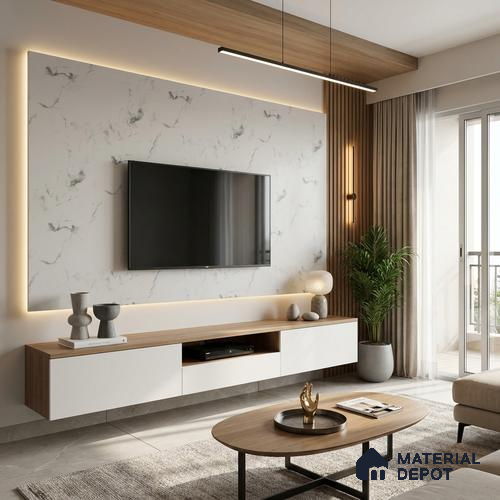White Marble Look LM 02804 White Panda Marble 8 ft x 4 ft Natural Thermal Stone Finish Decorative Laminate - 1 mm | Suitable for TV Unit, Wardrobe, Kitchen Cabinets