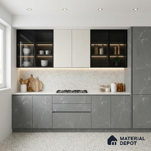 Grey Marble Look LM 02805 Grey Panda Marble 8 ft x 4 ft Natural Thermal Stone Finish Decorative Laminate - 1 mm | Suitable for TV Unit, Wardrobe, Kitchen Cabinets