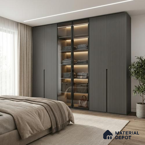 Charcoal Grey Fluted Solid Color Look LM 02843 Trout 8 ft x 4 ft Bamboo Channel Finish Decorative Laminate - 1 mm | Suitable for TV Unit, Wardrobe, Kitchen Cabinets