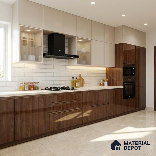 Wooden Look LM 03872 Modern Walnut 8 ft x 4 ft High Gloss Finish Decorative Laminate - 1 mm | Suitable for TV Unit, Wardrobe, Kitchen Cabinets