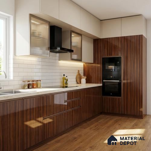 Wooden Look LM 19350 Wharthon Walnut 8 ft x 4 ft Glossy Finish Decorative Laminate - 1 mm | Suitable for TV Unit, Wardrobe, Kitchen Cabinets