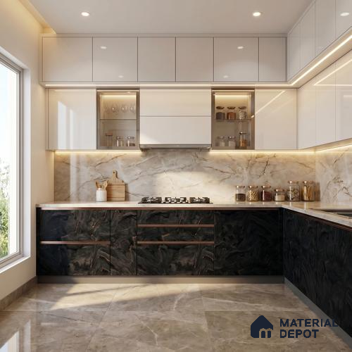 LM 23546 (SPU 7282) Jet Black Marble 8 ft x 4 ft Silky PU Finish Decorative Laminate - 1 mm | Suitable for TV Unit, Wardrobe, Kitchen Cabinets