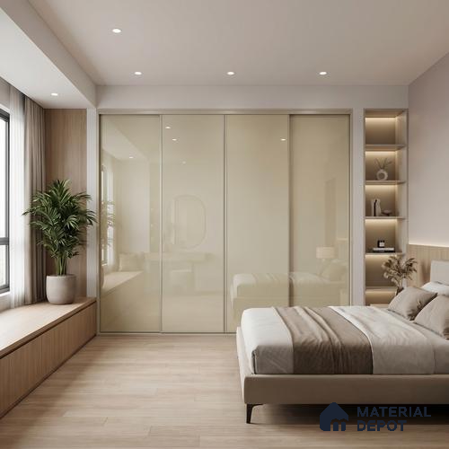 Warm Beige Solid Color Acrylic Laminate LM 24526 8 ft x 4 ft High Gloss Finish - 1.5 mm | Matching Edgeband code - EB 02087 | Suitable for Living Room, Kitchen, Office