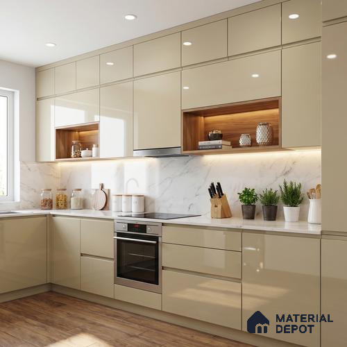Warm Beige Solid Color Acrylic Laminate LM 24528 8 ft x 4 ft High Gloss Finish - 1.5 mm | Matching Edgeband code - EB 02071 | Suitable for Living Room, Kitchen, Office
