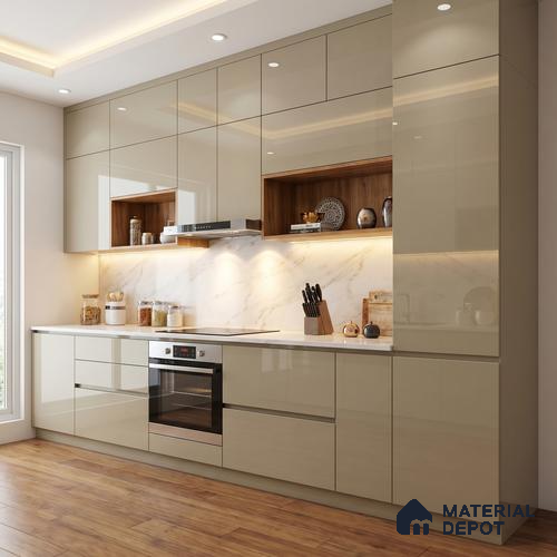 Warm Taupe Beige Solid Color Acrylic Laminate LM 24535 8 ft x 4 ft High Gloss Finish - 1.5 mm | Matching Edgeband code - EB 02070 | Suitable for Living Room, Kitchen, Office
