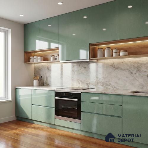 Muted Sage Green Solid Color Acrylic Laminate LM 24630 8 ft x 4 ft High Gloss Finish - 1.5 mm | Matching Edgeband code - EB 02113 | Suitable for Living Room, Kitchen, Office