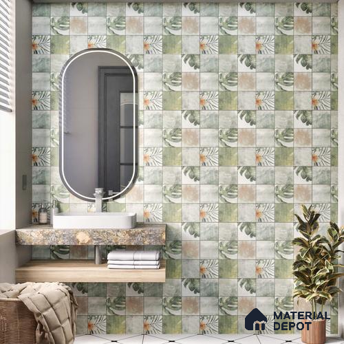 Tropical Wall Tile TL 00215 A Pattern 1 Vivid Green 1 ft x 1 ft Matte Finish Ceramic Tile - 9 mm | Random Design |Suitable For Bathroom, Balcony, Dining Area | Please Expect a Slight Variation of Pattern