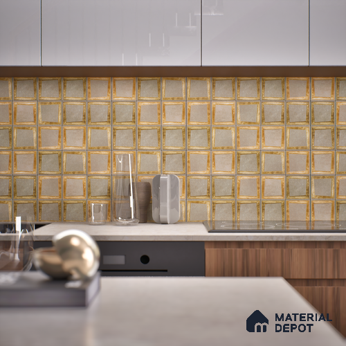 Metallic Wall Handmade Tile TL 05876 Golden Frame 98 mm x 98 mm Vitrified - 9 mm | Single Pattern | Suitable For Living Room, Bedroom, Kitchen