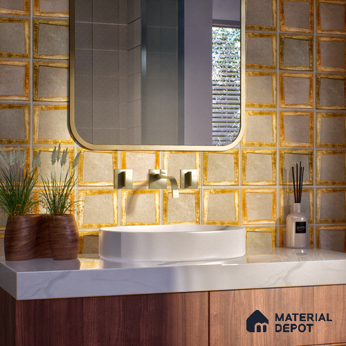Metallic Wall Handmade Tile TL 05876 Golden Frame 98 mm x 98 mm Vitrified - 9 mm | Single Pattern | Suitable For Living Room, Bedroom, Kitchen