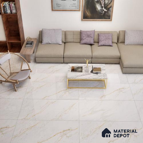 Marble Floor & Wall Tile | TL 01096 Snowy White 4 ft x 2 ft Glossy Finish Vitrified Tile - 9 mm (Random 03) | Suitable For Living Room, Bedroom, Dining Area