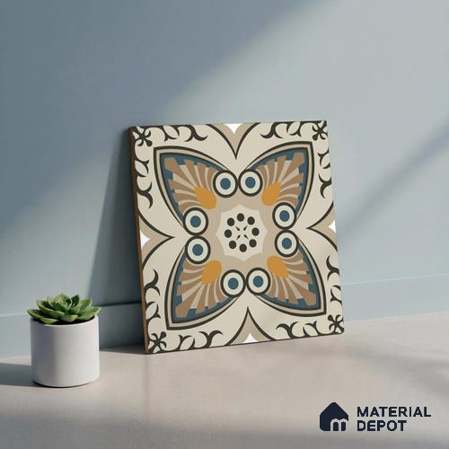 Moroccan Carpet Wall & Floor Tile TL 06683 C Barcelona Ivory 1 ft x 1 ft Brown Ceramic Glue Matte Finish Centre Tile - 9 mm | Ideal for Living Room, Bedroom, Kitchen, Dining | Please Expect a Slight Variation of Pattern