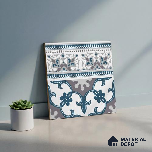 Moroccan Carpet Floor Tile TL 06682 B Barcelona Grenade 1 ft x 1 ft Blue Ceramic Glue Matte Finish Border Tile - 9 mm | Ideal for Living Room, Bedroom, Kitchen, Terrace, Balcony, Dining | Please Expect a Slight Variation of Pattern