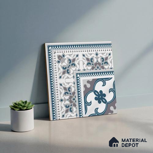 Moroccan Carpet Floor Tile TL 06682 Barcelona Grenade 1 ft x 1 ft Blue Ceramic Glue Matte Finish Corner Tile - 9 mm | Ideal for Living Room, Bedroom, Kitchen, Terrace, Balcony, Dining | Please Expect a Slight Variation of Pattern