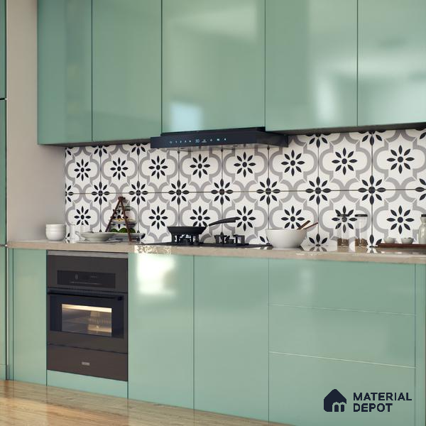 Moroccan Floor & Wall Tile TL 05428 Morissa Monochrome Floral 1 ft x 1 ft Ceramic Matte Finish - 7.5 mm | Suitable for Bathroom, Kitchen, Balcony | Please Expect a Slight Variation of Pattern