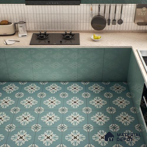 Multifired Moroccan Floor & Wall Tile TL 05718 Zellige Turquoise Bloom 1 ft x 1 ft Vitrified Matte Finish - 9 mm | Suitable for Bathroom, Kitchen & Backsplash