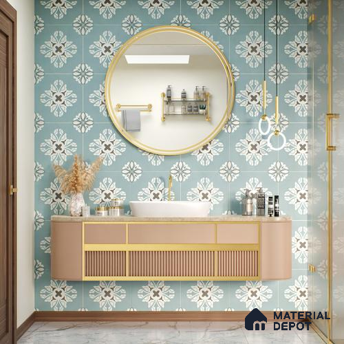 Multifired Moroccan Floor & Wall Tile TL 05718 Zellige Turquoise Bloom 1 ft x 1 ft Vitrified Matte Finish - 9 mm | Suitable for Bathroom, Kitchen & Backsplash