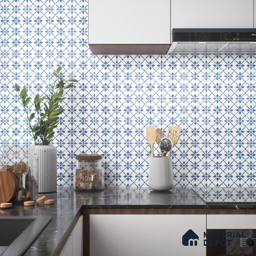 Moroccan Floor & Wall Tile TL 05053 Morissa Azure Blue Floral 1 ft x 1 ft Ceramic Matte Finish - 8 mm | Suitable for Bathroom, Kitchen,  Balcony | Please Expect a Slight Variation of Pattern