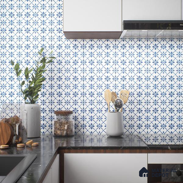 Moroccan Floor & Wall Tile TL 05053 Morissa Azure Blue Floral 1 ft x 1 ft Ceramic Matte Finish - 8 mm | Suitable for Bathroom, Kitchen, Balcony | Please Expect a Slight Variation of Pattern