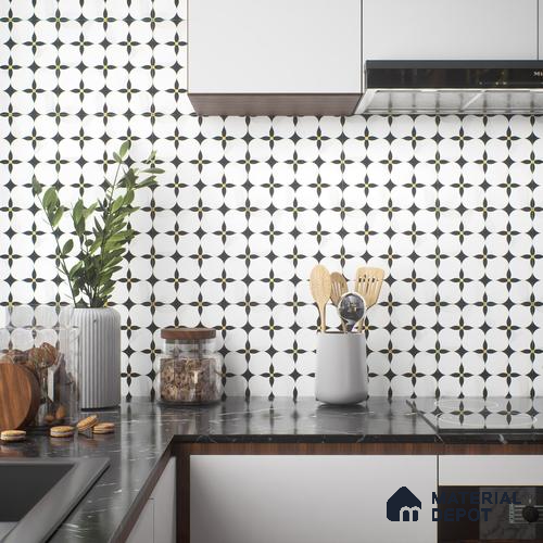 Moroccan Floor & Wall Tile TL 05058 Morissa Monochrome Floral Petal 1 ft x 1 ft Ceramic Matte Finish - 8 mm | Suitable for Bathroom, Kitchen, Balcony | Please Expect a Slight Variation of Pattern