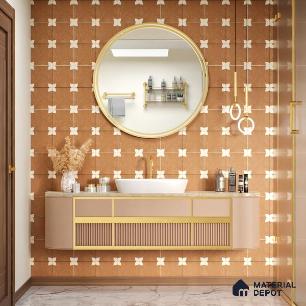 Moroccan Wall & Floor Athangudi Tile TL 05859 B Zellige Terracotta Floral Brown 1 ft x 1 ft Vitrified Matte Finish - 9 mm | Suitable for Bathroom, Kitchen, Balcony | Please Expect a Slight Variation of Pattern