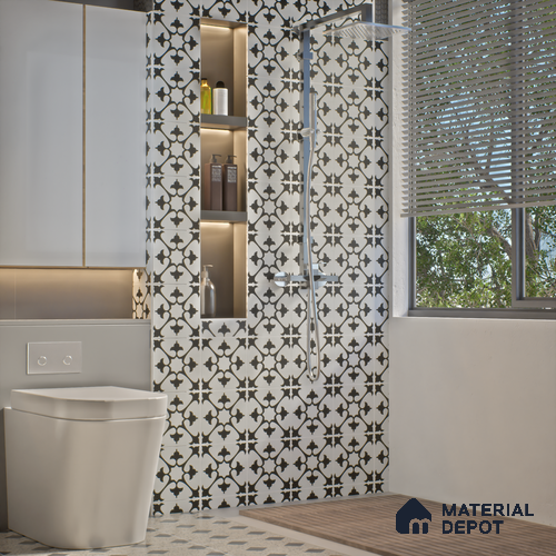 Moroccan Wall & Floor Tile TL 06052 Floc Black & White 200 x 200 mm Vitrified Matte Finish - 9 mm | Ideal For Living Room, Bathroom, Kitchen | 2 mm Spacer is Mandatory | Please Expect a Slight Variation of Pattern
