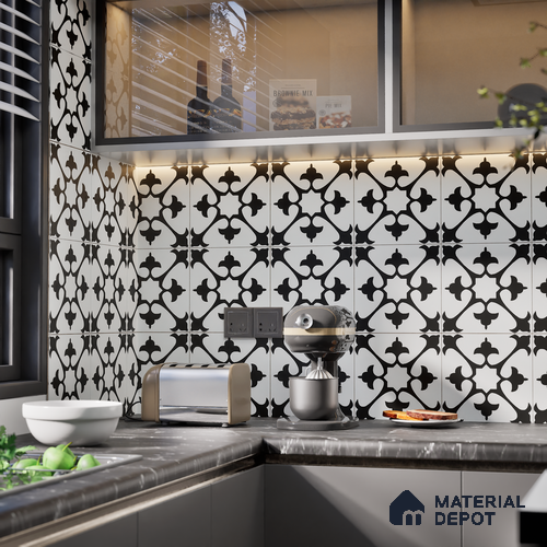 Moroccan Wall & Floor Tile TL 06052 Floc Black & White 200 x 200 mm Vitrified Matte Finish - 9 mm | Ideal For Living Room, Bathroom, Kitchen | 2 mm Spacer is Mandatory | Please Expect a Slight Variation of Pattern