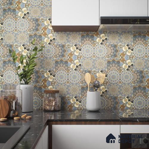 Moroccan Wall & Floor Tile TL 00303 Brown & Blue Matte Finish 1 ft x 1 ft Glazed Vitrified Tile - 12 mm | Suitable For Bathroom, Kitchen, Living Area | Please Expect a Slight Variation of Pattern