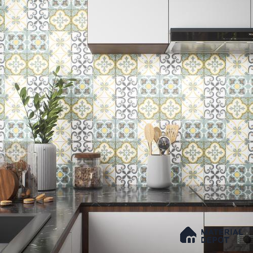 Moroccan Wall & Floor Tile TL 00304 Yellow & Blue Matte Finish 1 ft x 1 ft Glazed Vitrified Tile - 12 mm | Suitable For Bathroom, Kitchen, Living Area | Please Expect a Slight Variation of Pattern