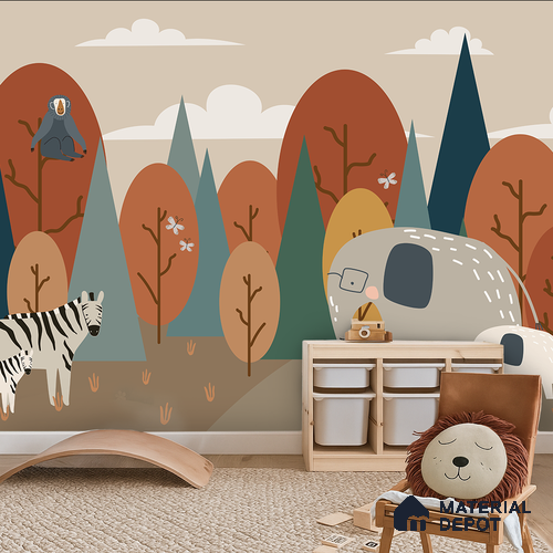 Walk with Gentle Giants Animals Enjoying Nature Scene | WP 04064 B Non Woven Matte Finish Animal Print Style Premium Customized size Wallpaper | 150 GSM WP01MTF Paper | (MOQ = 30 Sq. Ft.)