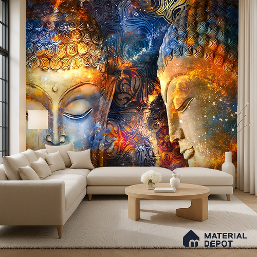 Cosmic Awakening Buddha Artistic Harmony | WP 04100 B Canvas Texture Finish Indian Style luxurious Customized size Wallpaper | 250 GSM WP01CNF Paper | (MOQ = 30 Sq. Ft.)