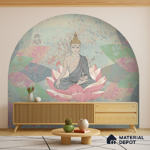 Lotus of Quiet Awakening Buddha At Meditation On Lotus | WP 04098 B Canvas Texture Finish Indian Style luxurious Customized size Wallpaper | 250 GSM WP01CNF Paper | (MOQ = 30 Sq. Ft.)
