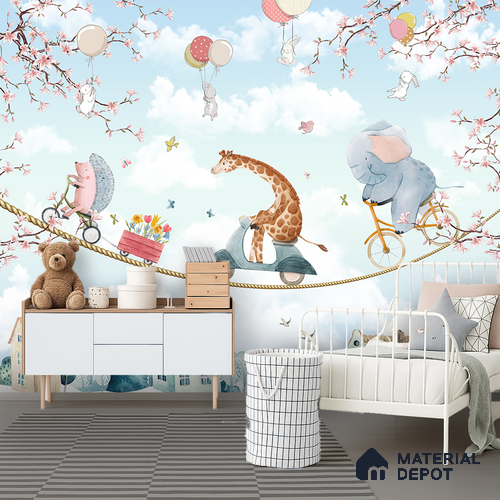 A Quiet Day Above the Town Cute Animal Circus Show | WP 04042 Canvas Texture Finish Animal Print Style luxurious Customized size Wallpaper | 250 GSM WP01CNF Paper | (MOQ = 30 Sq. Ft.) | Design change not possible