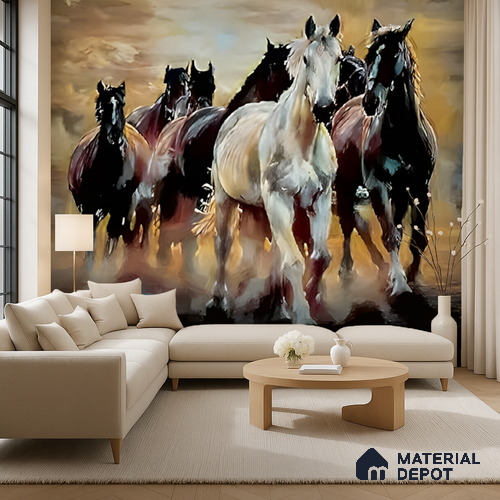 Freedom Has a Sound Horses Running At Dusk | WP 04106 Non Woven Matte Finish Indian Style Premium Customized size Wallpaper | 150 GSM WP01MTF Paper | (MOQ = 30 Sq. Ft.)