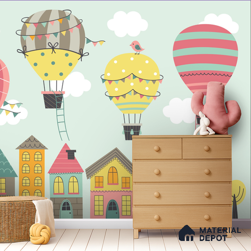 Floating Joy Street Hot Air Balloon Over The House | WP 04084 B Non Woven Matte Finish Abstract Style Premium Customized size Wallpaper | 150 GSM WP01MTF Paper | (MOQ = 30 Sq. Ft.)
