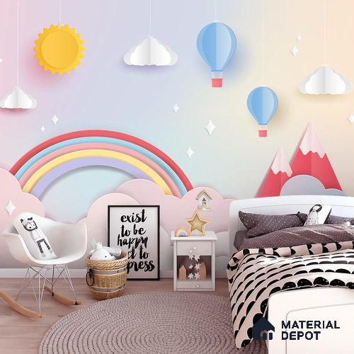 Kids Fantasy Sky Rainbow Over Mountain Tops | WP 04069 Canvas Texture Finish Geometric Style luxurious Customized size Wallpaper | 250 GSM WP01CNF Paper | (MOQ = 30 Sq. Ft.)