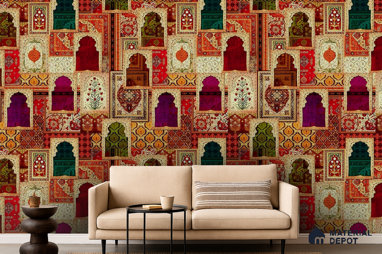 Rangrez Khazana Temple Arch Floral Brush | WP 04167 B Canvas Texture Finish Indian Style luxurious Customized size Wallpaper | 250 GSM WP01CNF Paper | (MOQ = 30 Sq. Ft.)