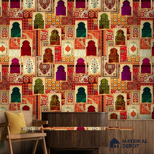 Rangrez Khazana Temple Arch Floral Brush | WP 04167 Non Woven Matte Finish Indian Style Premium Customized size Wallpaper | 150 GSM WP01MTF Paper | (MOQ = 30 Sq. Ft.)
