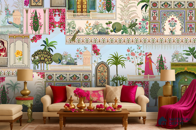 Mehfil-e-Gulistan Terracotta Peony Spread | WP 04166 Non Woven Matte Finish Indian Style Premium Customized size Wallpaper | 150 GSM WP01MTF Paper | (MOQ = 30 Sq. Ft.)